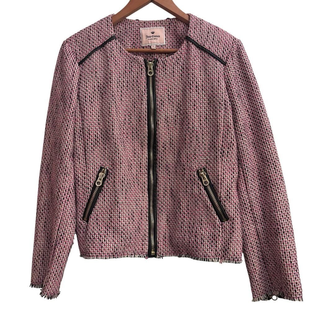 JUICY COUTURE Tweed Zip Jacket Pink Black Cropped Blazer Size L Clueless Y2K - Picture 2 of 9
